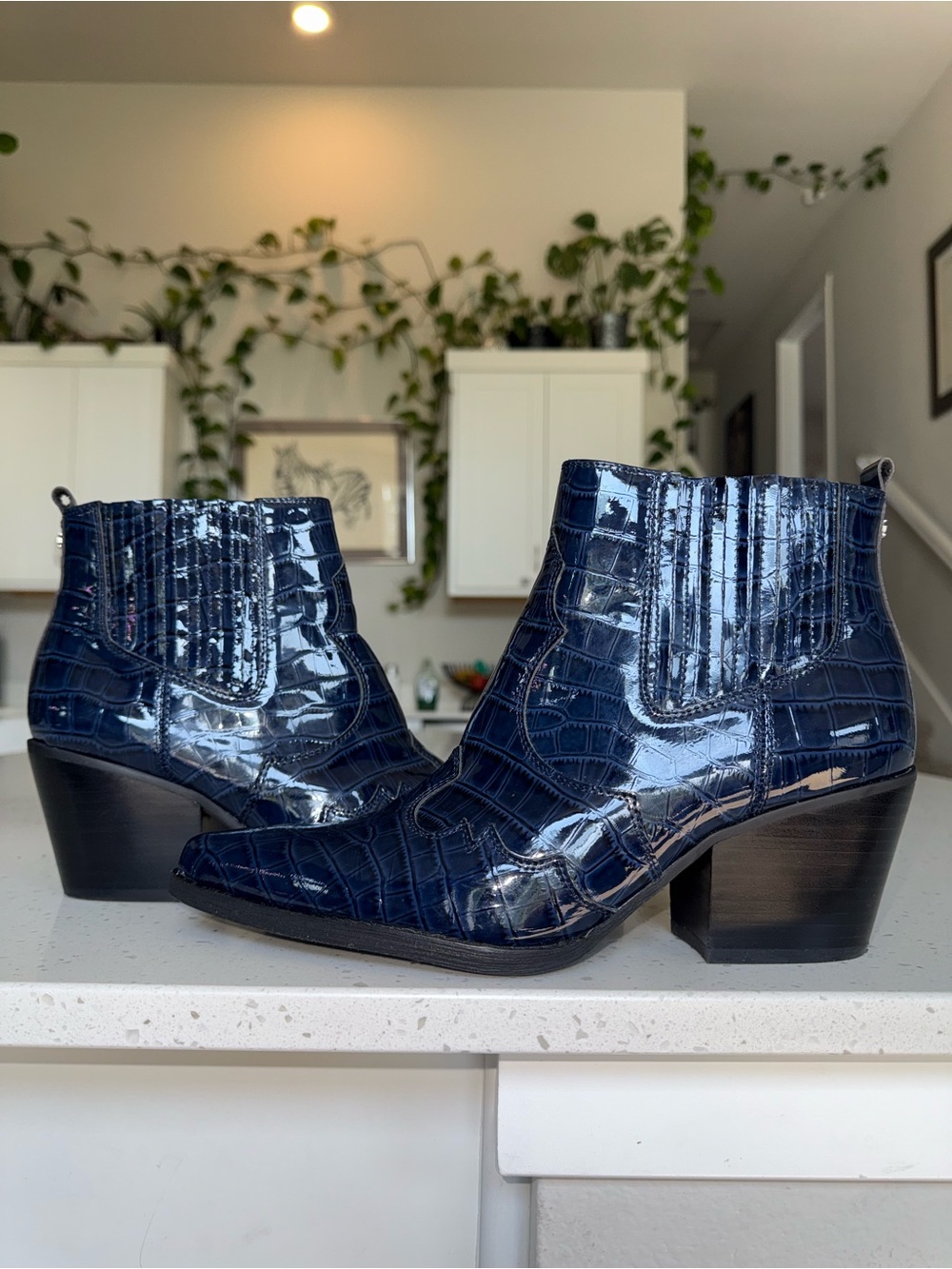 Sam Edelman Navy Croc-Embossed Patent Ankle Booties